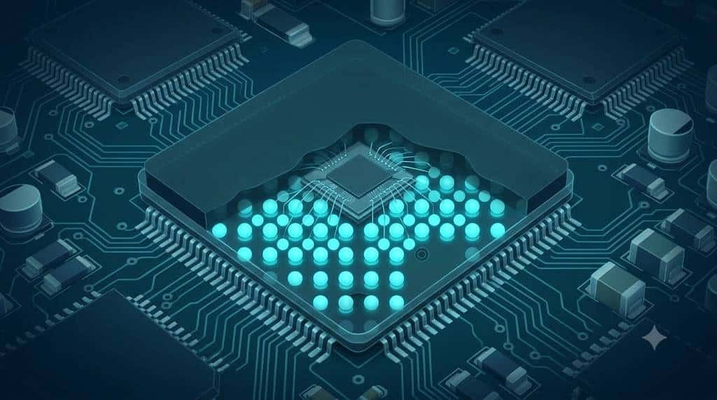 X-ray style illustration of a BGA package showing hidden solder joints beneath the chip.
