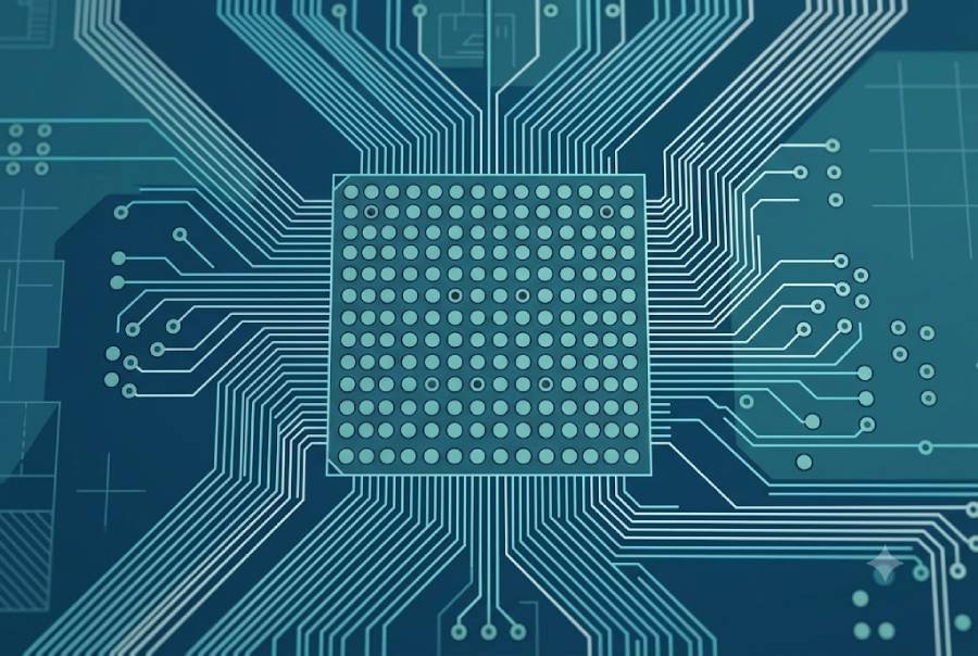PCB layout illustration for BGA assembly showing grid pads, via-in-pad structures and escape routing under the package area