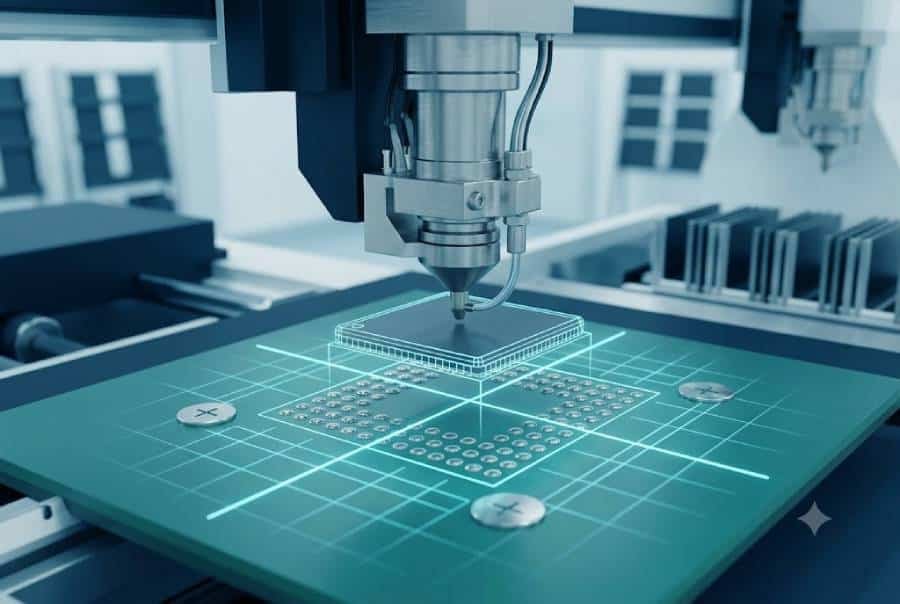 Pick-and-place machine nozzle aligning a square BGA component to PCB fiducials during automated placement