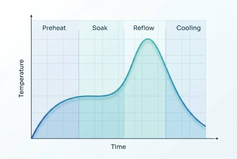 Graph of a typical BGA reflow soldering profile showing preheat, soak, reflow and cooling temperature zones over time