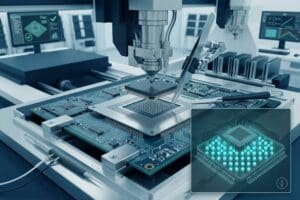 BGA rework and reballing on a PCB assembly using precision repair equipment.