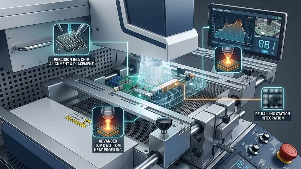 A high-precision BGA rework station performing component alignment and heat profiling on a printed circuit board in an electronics manufacturing laboratory.