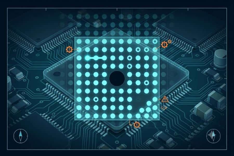 Technical illustration of a PCB with BGA packages and hidden solder defects, showing an X-ray style view for defect prevention.