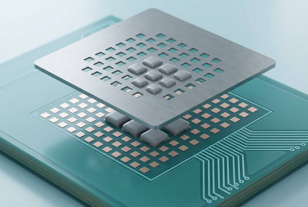 Technical illustration of stencil apertures and solder paste deposits on fine-pitch BGA pads during PCB assembly