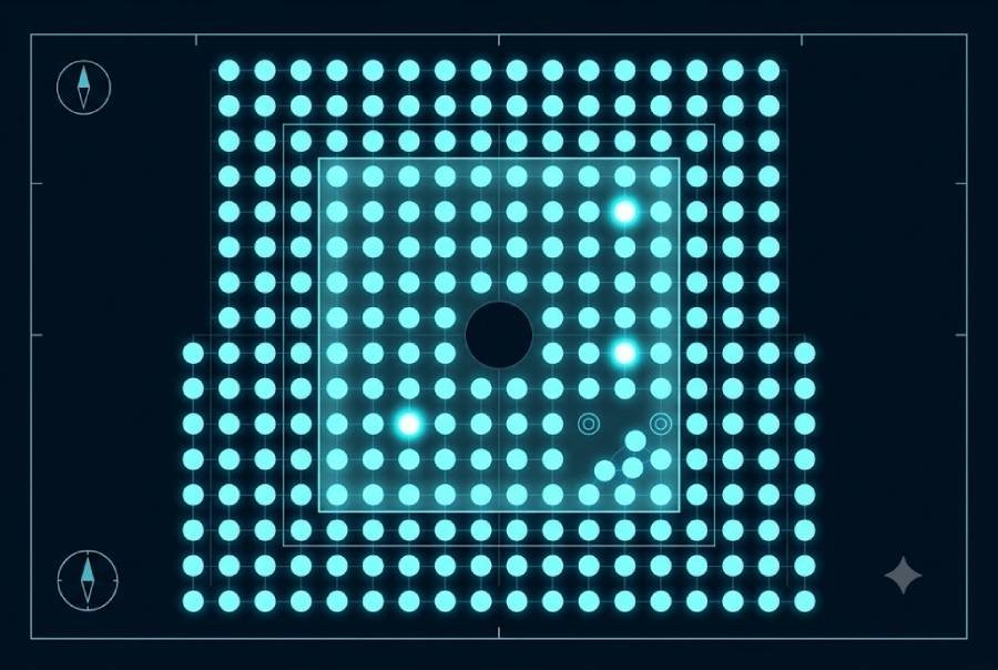 X-ray style image of BGA solder joints on a PCB highlighting the grid of balls and examples of voids and misalignment defects