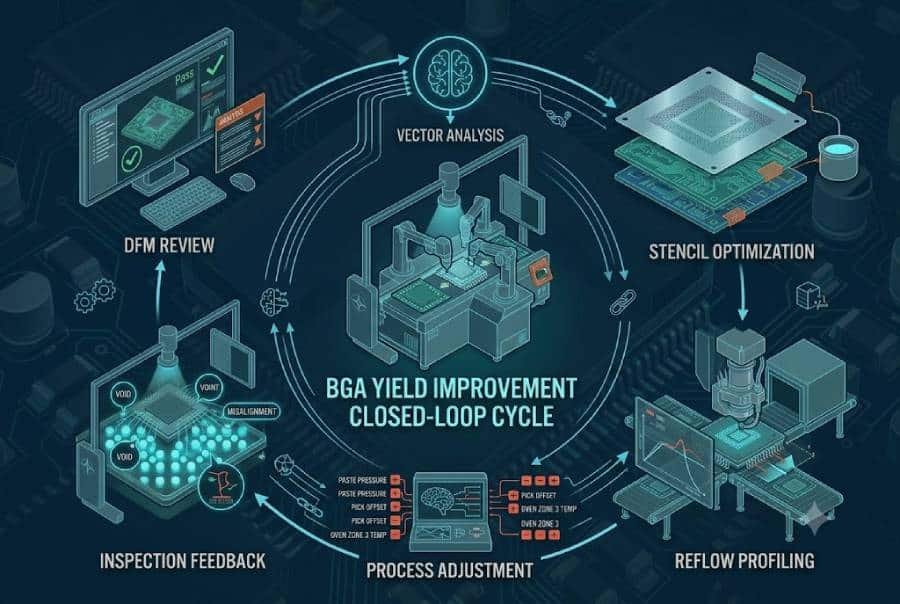 Closed-loop workflow for improving BGA assembly yield through design review, process control, inspection, and feedback.