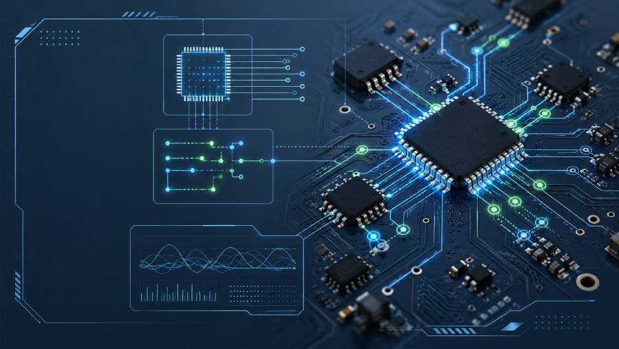 Boundary scan testing showing digital interconnect verification on a PCB.