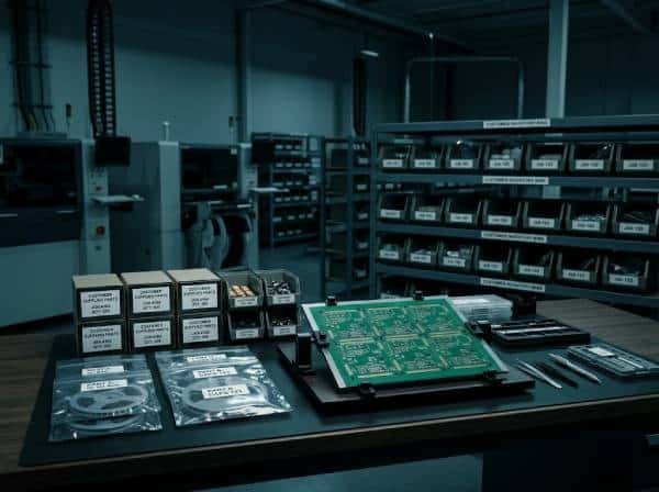 Consigned PCB assembly scene with customer-supplied components and PCB panels ready for production