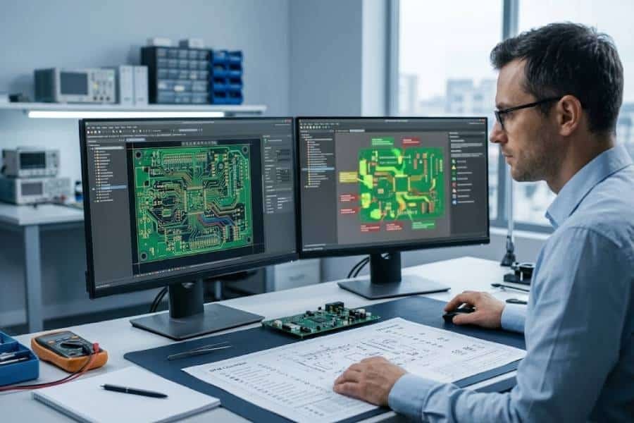 Engineer reviewing a PCB layout and DFM checklist to design for low cost PCB assembly