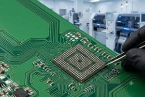 Fine-pitch micro BGA chip on a high-density PCB with an engineer inspecting the board in an electronics manufacturing environment.