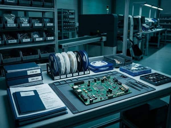 Full turnkey low volume PCB assembly workstation with boards, component reels, and BOM documents