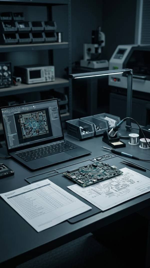 PCB assembly quote workstation with BOM, Gerber files, and PCB layout on screen