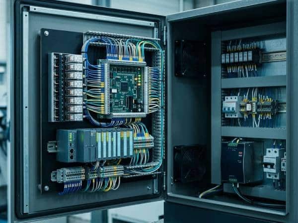 Industrial control PCB and automation interface modules inside an electrical cabinet