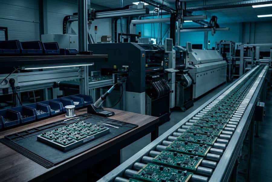 Small-batch PCB assemblies next to a high-volume production conveyor illustrating low volume versus mass production PCB assembly