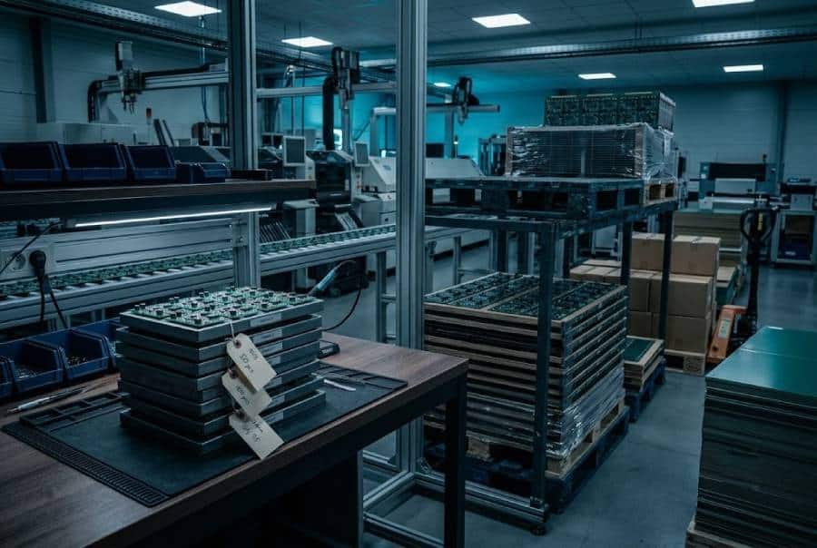 Small PCB trays labeled with low quantities beside large racks of PCB panels representing high-volume production and cost differences