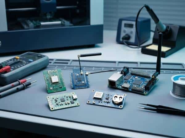 Compact IoT PCB modules with antennas, sensors, and connected device boards
