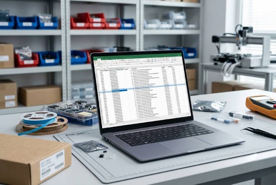 Engineer reviewing a structured PCB assembly BOM and component reels to plan low cost PCB assembly sourcing