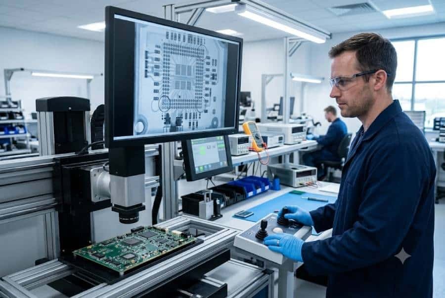 Assembled PCB under AOI and X-ray inspection in a professional electronics lab for reliable low cost PCB assembly