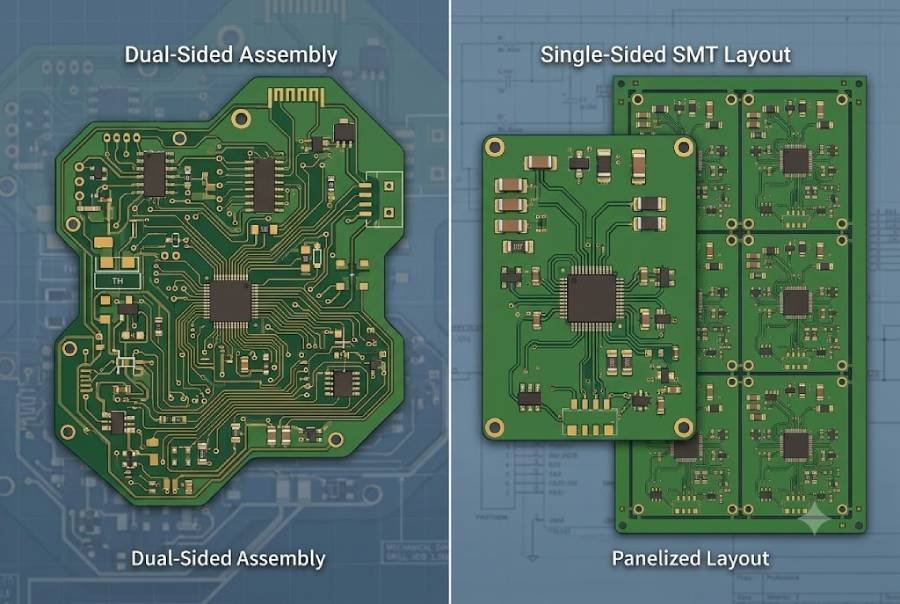 PCB layout showing single-sided SMT placement and optimized panelization for low cost PCB assembly