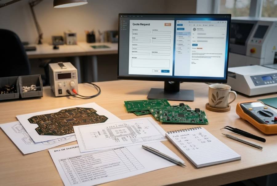 Engineer preparing Gerber files, BOM and assembly documents on a desk before requesting a low cost PCB assembly quote