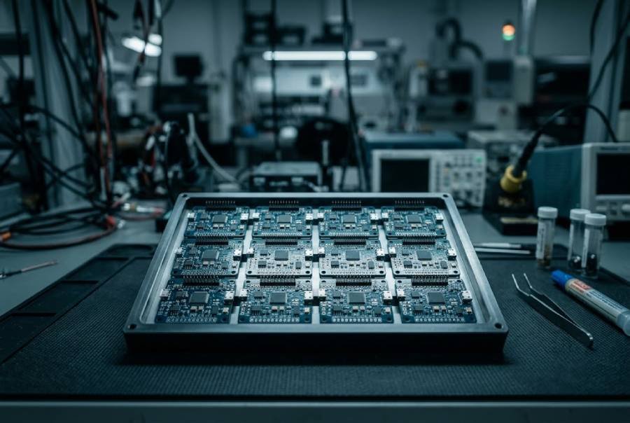 Small batch of assembled PCBs on an anti-static mat representing low volume PCB assembly