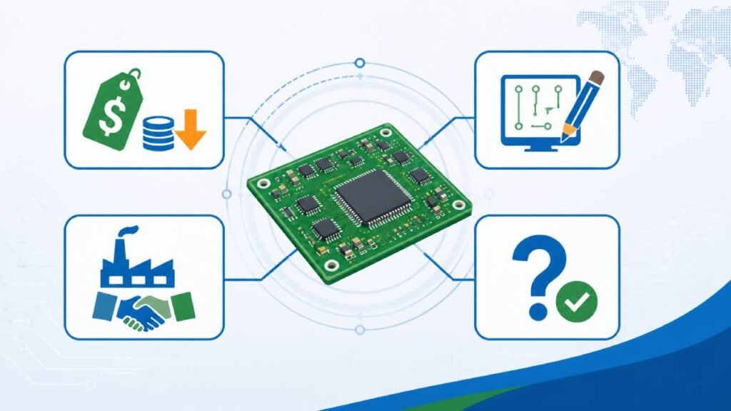 Business-style illustration showing a green PCB connected to four content blocks represented by icons for cost and definition, DFM design, supplier evaluation, and FAQ, used to visualize the low-cost PCB assembly article series.