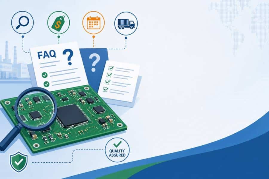 Illustration for a low-cost PCB assembly FAQ showing a green PCB, question-and-answer sheets, and icons for price, lead time, logistics, and quality.
