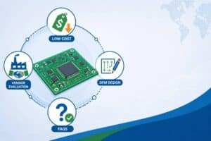 Overview cover illustration for a low-cost PCB assembly content hub, showing a central green PCB surrounded by icons for cost, DFM design, supplier evaluation, and FAQs.