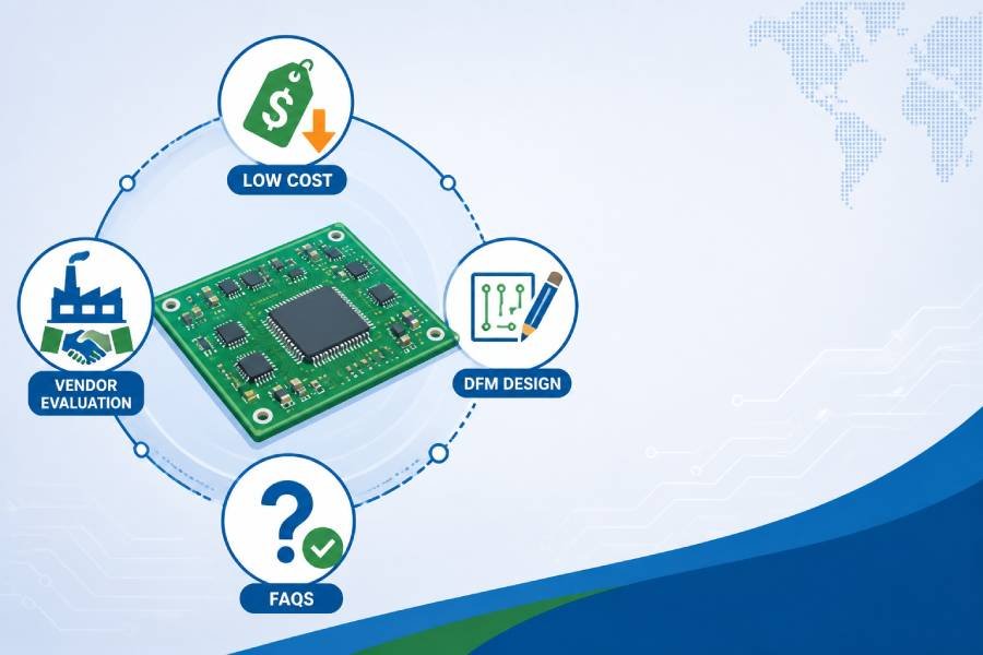 Overview cover illustration for a low-cost PCB assembly content hub, showing a central green PCB surrounded by icons for cost, DFM design, supplier evaluation, and FAQs.