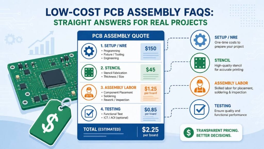 Business-style illustration showing a PCB assembly quote breakdown with icons for setup, stencil, assembly labor, and testing, used to explain low-cost PCB pricing FAQs.