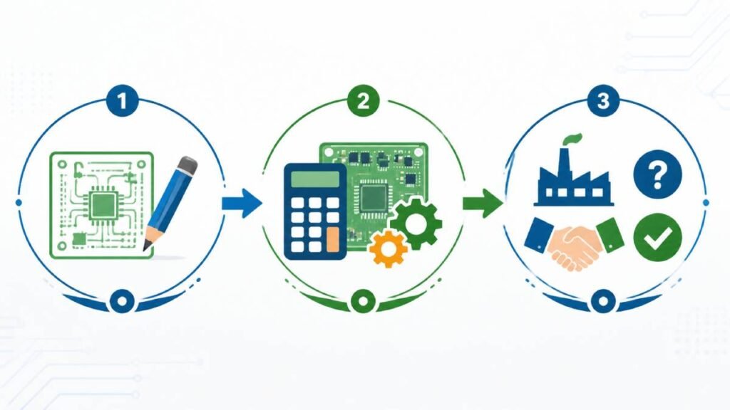 Illustration of the low-cost PCB assembly process flow from left to right, with icons for design, cost and DFM optimization, supplier evaluation, and FAQs, used to explain the overall journey from idea to vendor selection.
