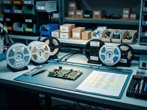Partial turnkey PCB assembly bench showing customer parts and factory sourced components with BOM