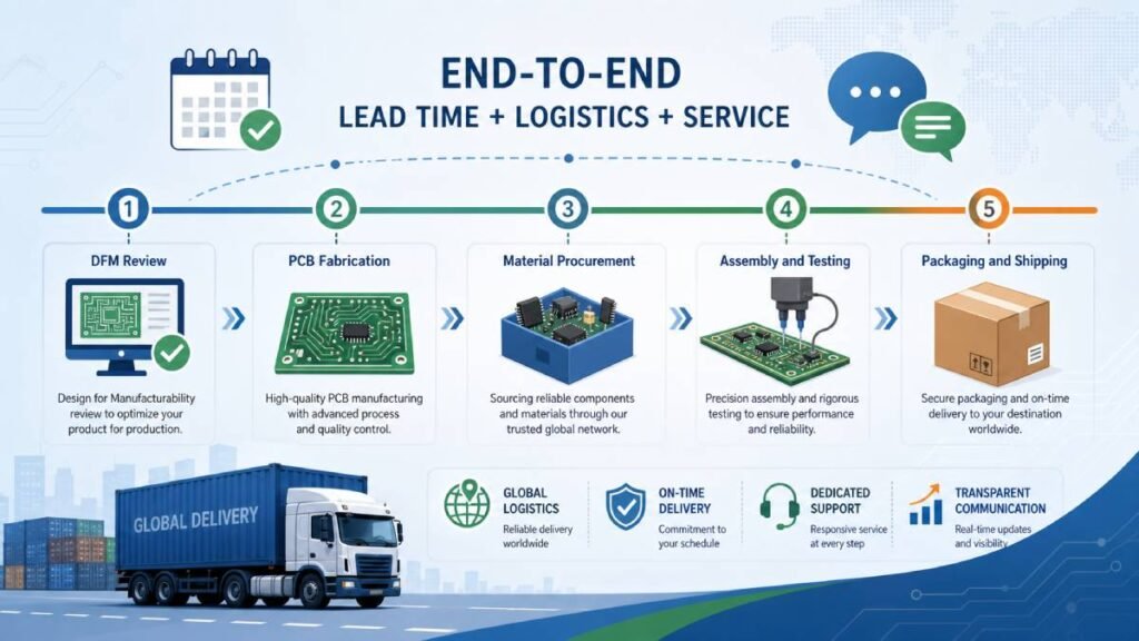 PCB assembly lead time and logistics timeline illustration showing DFM review, fabrication, component sourcing, assembly, testing, and shipping, used to explain Lead Time, Logistics, and Service Level.