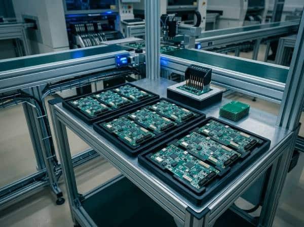Small batch PCB assemblies arranged on trays for pilot run and pre-production testing