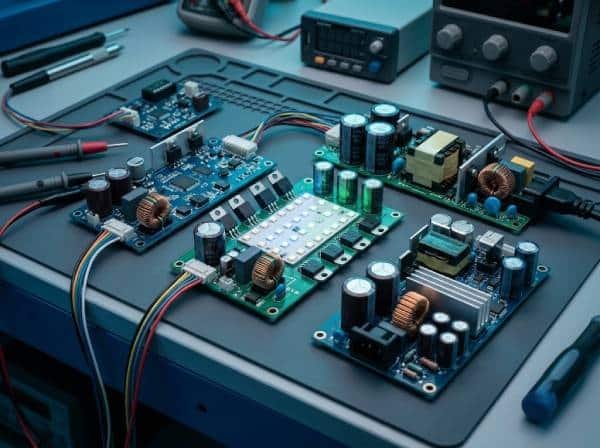 Power supply boards and LED driver PCB assemblies on a testing workbench