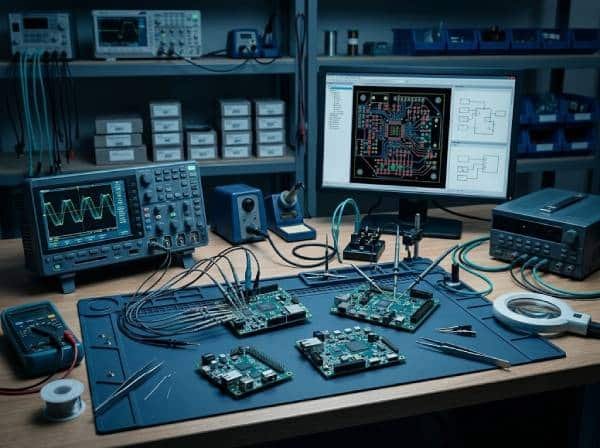 Prototype PCB validation workbench with sample boards, test probes, and engineering review setup