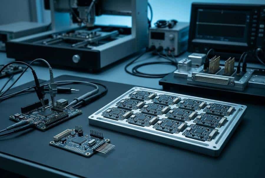 Prototype PCBs next to small-batch assemblies showing the transition to low volume production