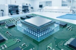 BGA assembly close-up showing a Ball Grid Array chip mounted on a PCB in a clean electronics manufacturing environment.