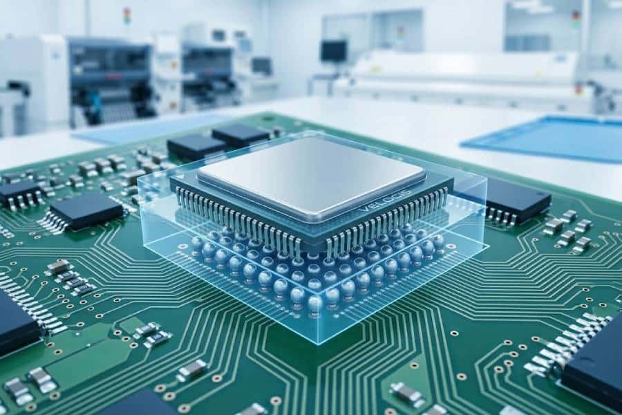 BGA assembly close-up showing a Ball Grid Array chip mounted on a PCB in a clean electronics manufacturing environment.