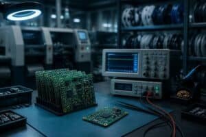 Cover image showing a hardware startup lab workbench with small-batch assembled PCBs and test equipment screens, illustrating low volume PCB assembly for startups and R&D teams