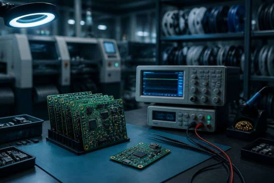 Cover image showing a hardware startup lab workbench with small-batch assembled PCBs and test equipment screens, illustrating low volume PCB assembly for startups and R&D teams