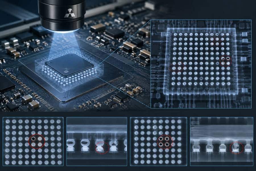 X-ray inspection revealing hidden BGA solder joints and internal defects.