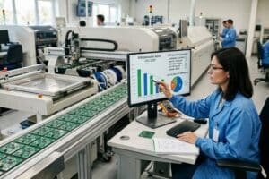 Engineer reviewing PCB DFM rules and low-volume assembly costs on a screen with a small batch of circuit boards on an SMT line.