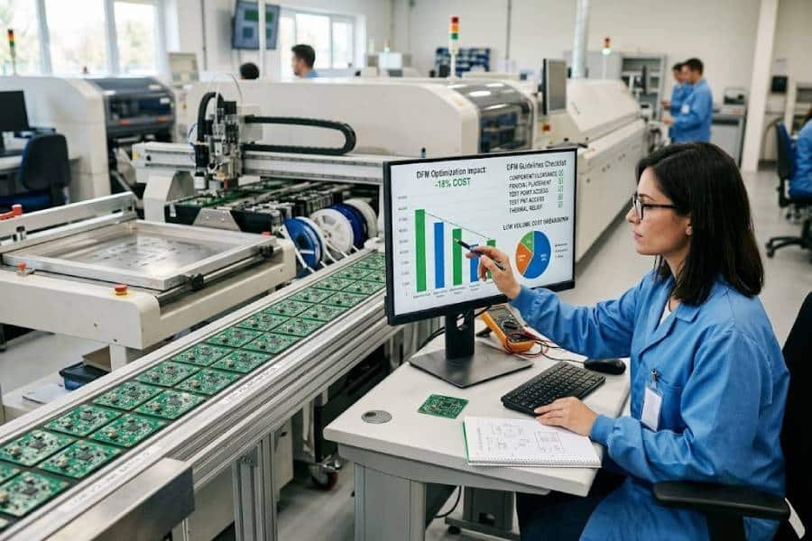 Engineer reviewing PCB DFM rules and low-volume assembly costs on a screen with a small batch of circuit boards on an SMT line.