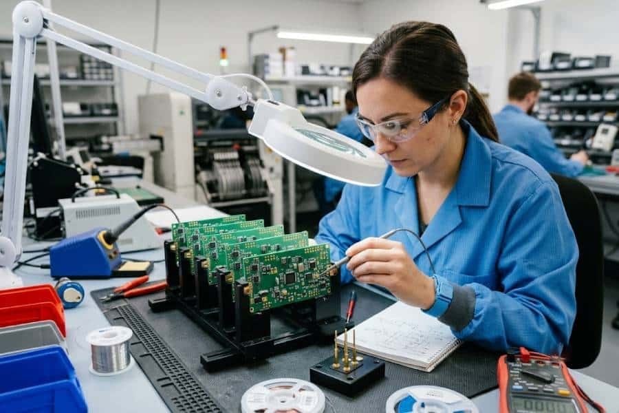 Low-volume PCB assembly DFM example with common SMD packages on one side of the board, clear spacing, and test points accessible for probes.