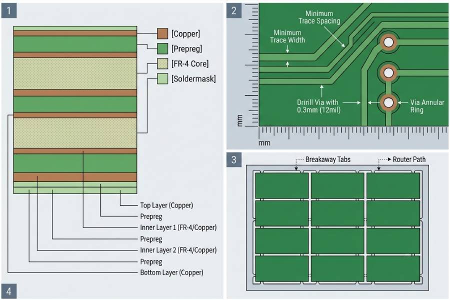 PCB fabrication DFM concept showing a simple multilayer stackup, standard trace and via rules, and efficient panelization of rectangular boards.