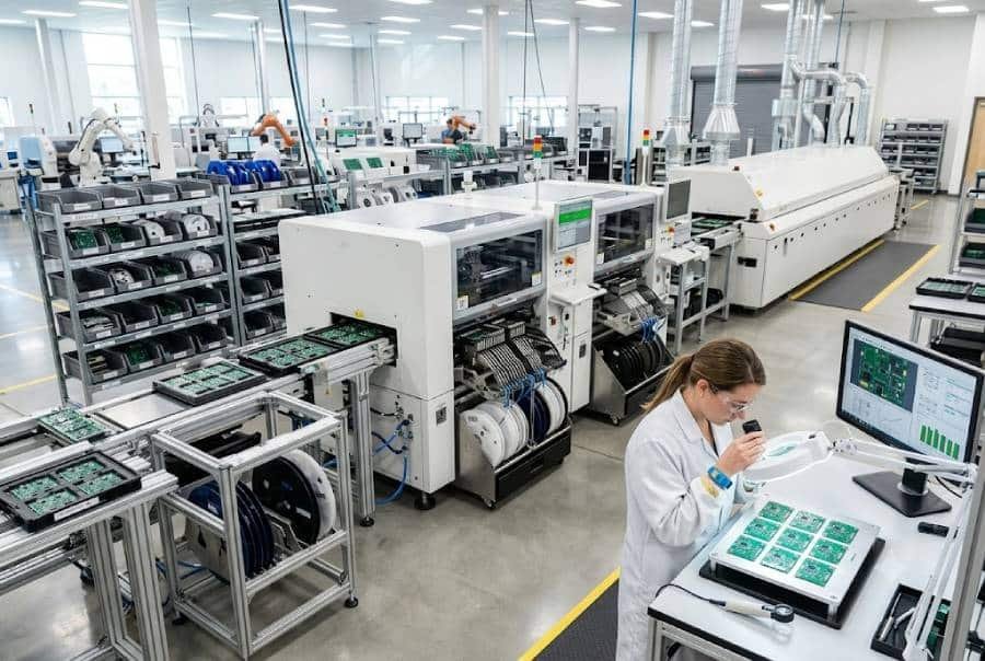 Modern PCB manufacturing facility with high-mix, low-volume SMT assembly lines, showing capability to support reliability-focused prototyping and small-batch production.