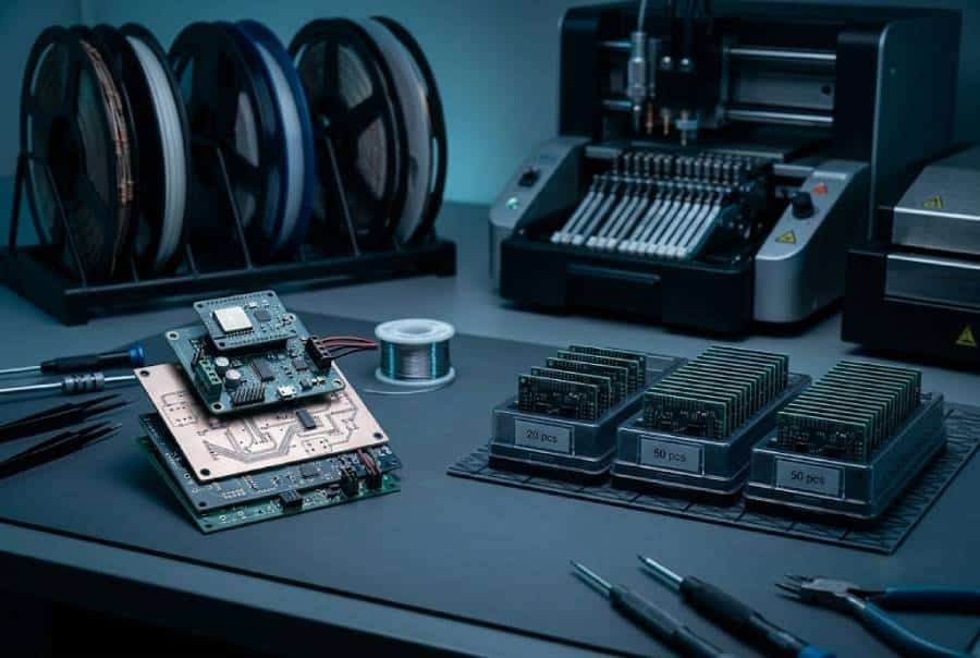 Stack of evolving prototype PCBs and small labeled PCB trays on a lab bench, representing rapid iteration and controlled risk with low volume PCB assembly