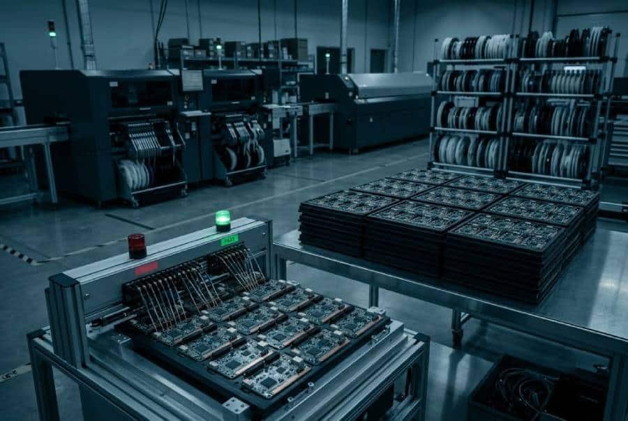 Pilot run of assembled PCBs under inspection equipment with trays of tested boards and factory equipment in the background, illustrating the roadmap from low volume PCB assembly to potential scale-up