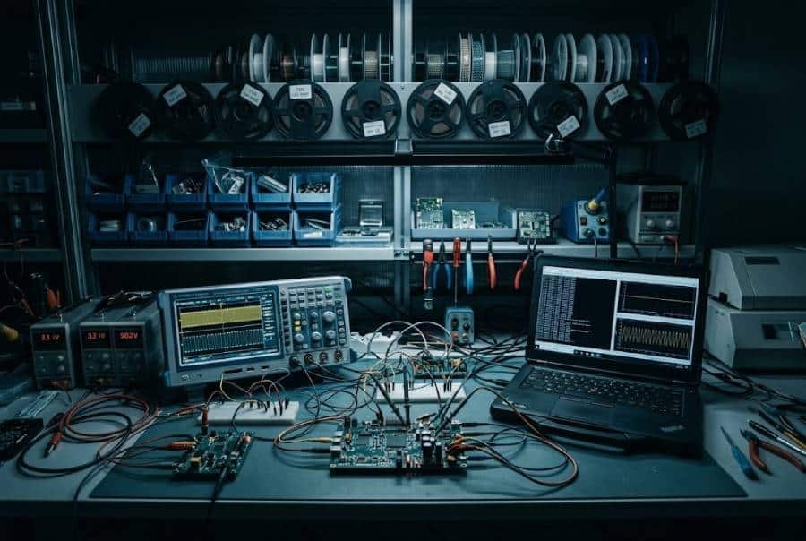 Hardware startup or R&D lab workbench with prototype PCBs, test probes, and measurement equipment, illustrating early-stage low volume PCB assembly